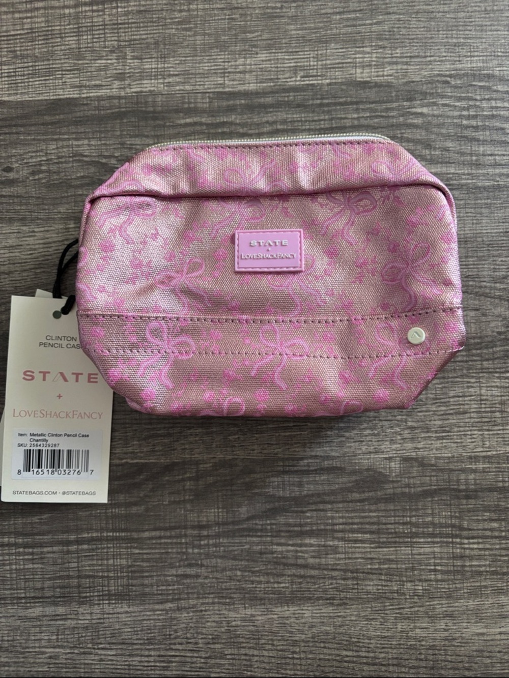 STATE x LoveShackFancy Chantilly pink Metallic bow Pattern Cosmetic pencil Pouch